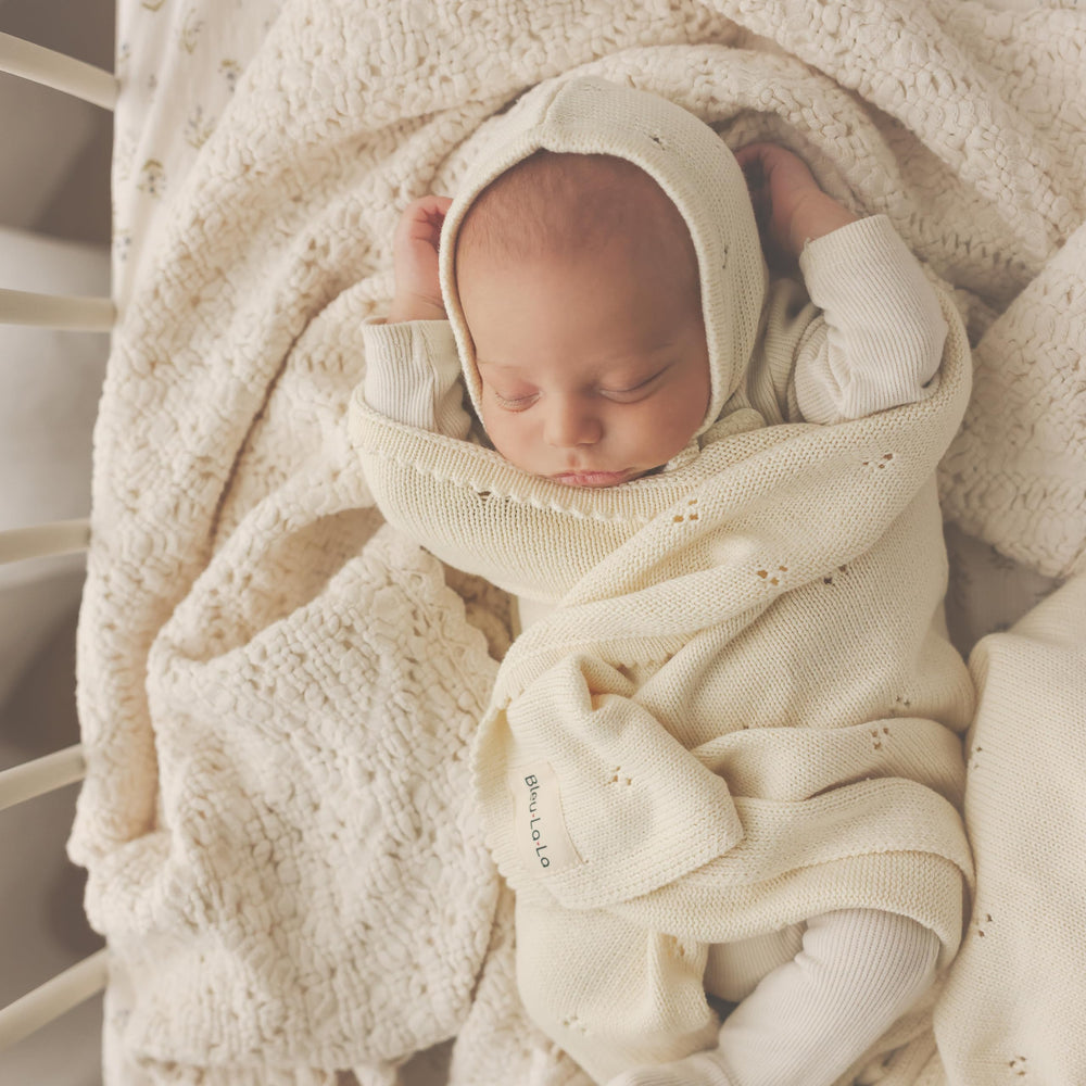 Bleu La La Pointelle swaddle machine-wash, easy-care textile designed for busy parents.