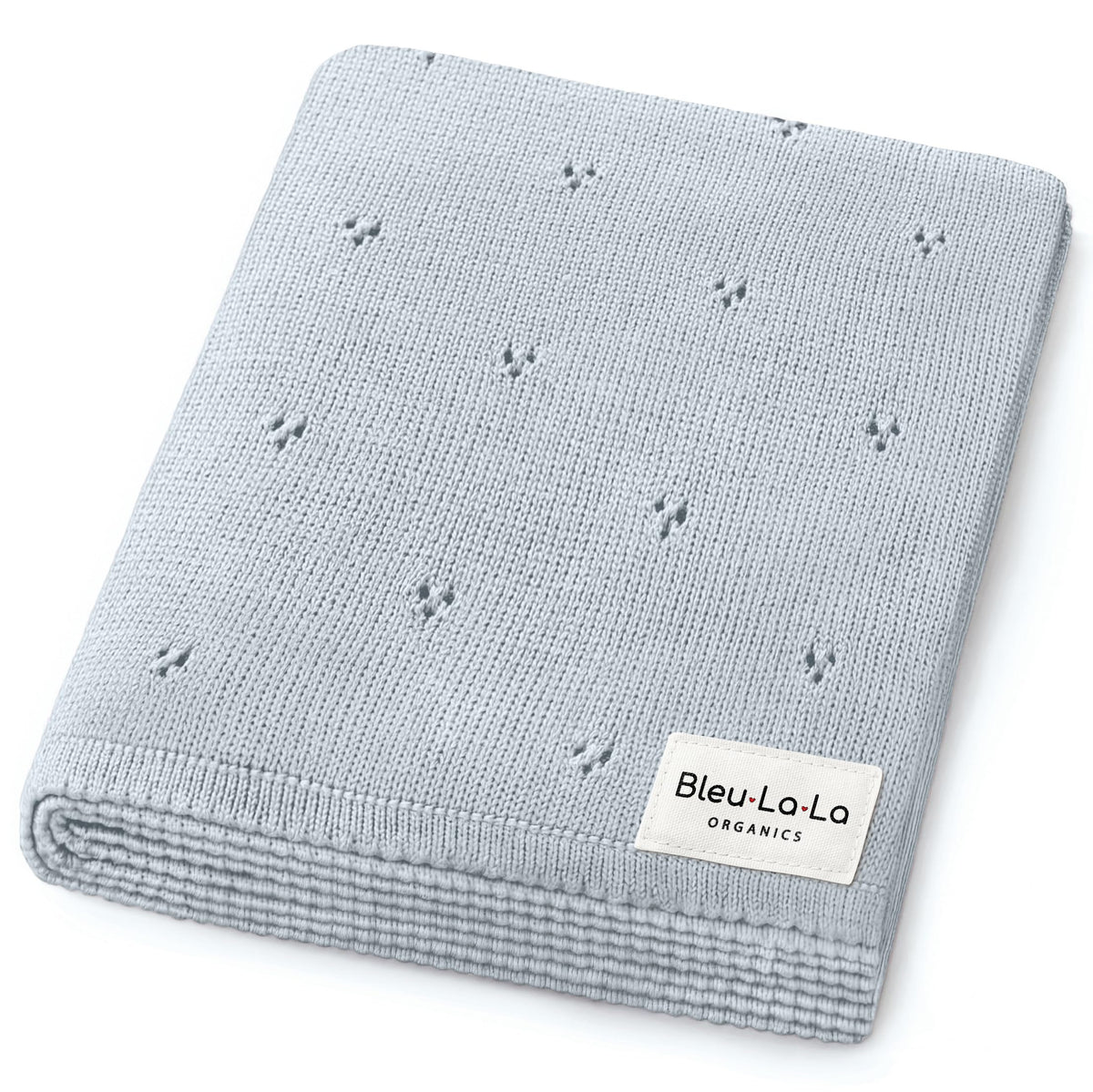 Bleu La La Pointelle swaddle in powder blue, ultra-soft organic cotton for delicate newborn skin.