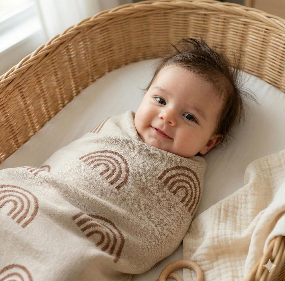 Bleu La La rainbow taupe blanket swaddled for snug newborn warmth