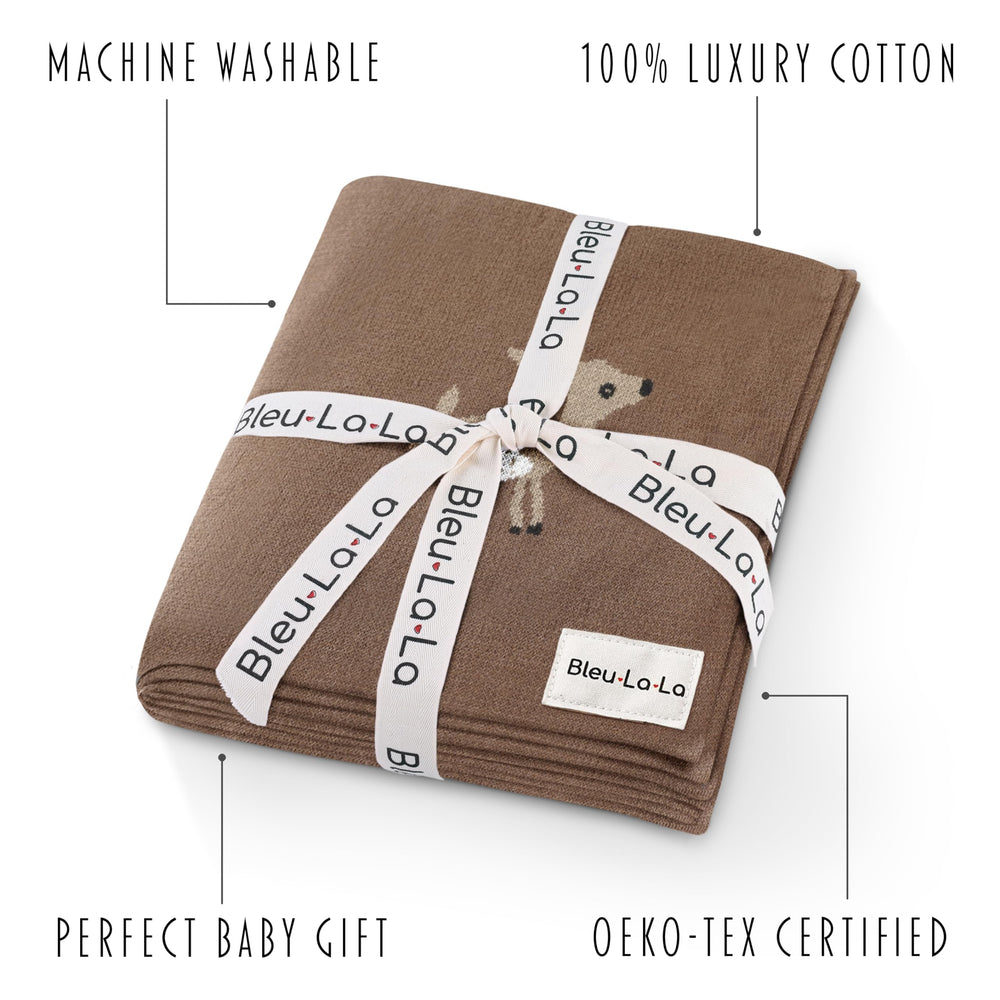 Bleu La La swaddle blanket with woodland deer design offers gentle warmth.