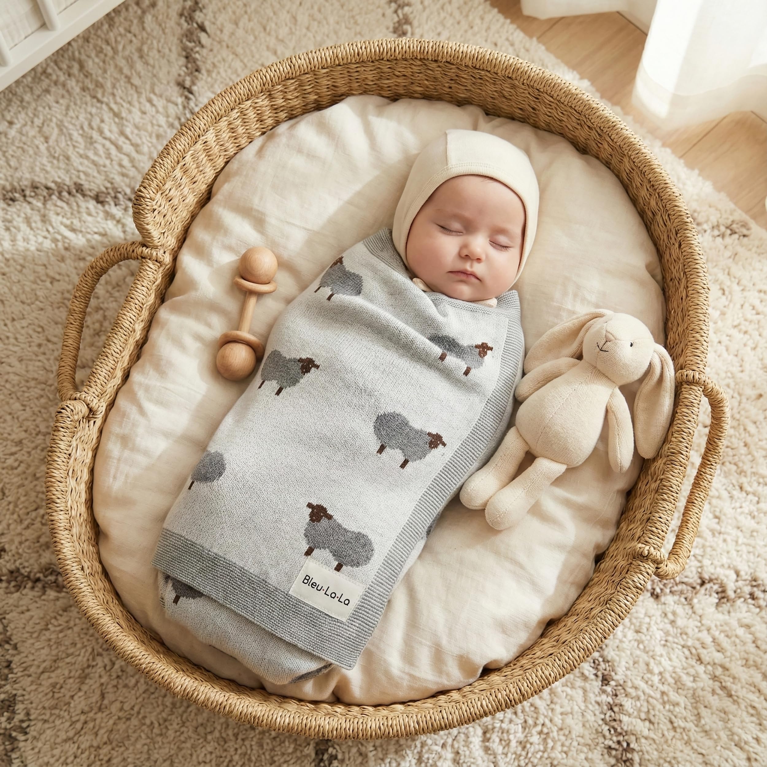 Bleu La La swaddle wrap in nursery with sheep motif