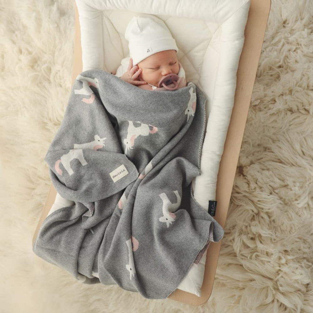 Bleu La La Unicorn Cream blanket used in stroller for warmth on-the-go.