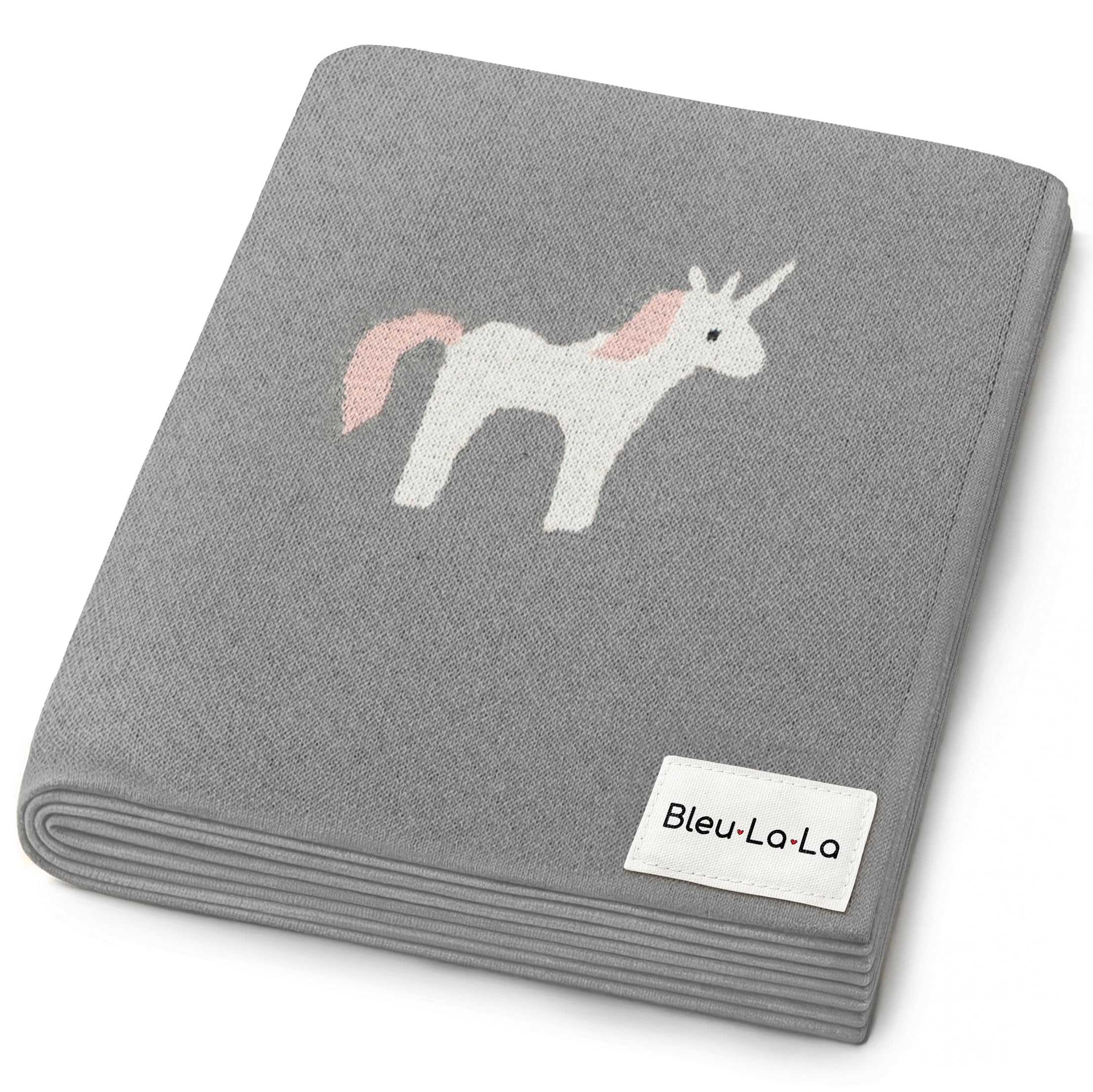Bleu La La unicorn-gray baby blanket fold closeup emphasizing ultra-soft cotton for newborn comfort.