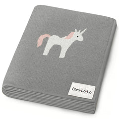 Bleu La La unicorn-gray baby blanket fold closeup emphasizing ultra-soft cotton for newborn comfort.