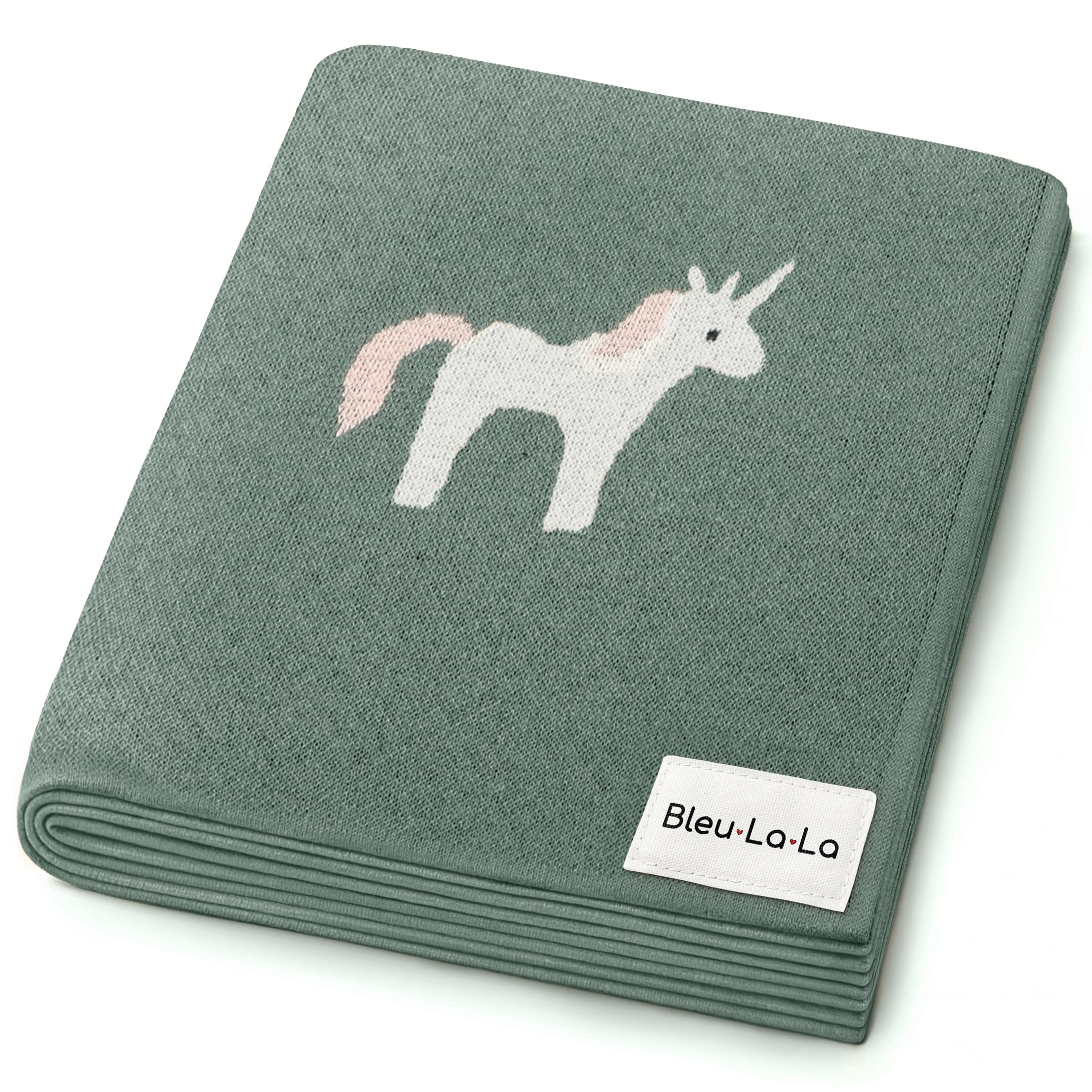 Bleu La La unicorn-sage receiving blanket provides gentle warmth for newborns.