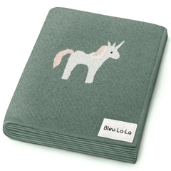 Bleu La La unicorn-sage receiving blanket provides gentle warmth for newborns.