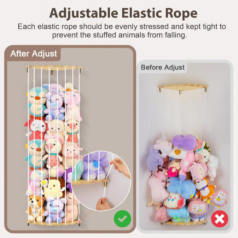 Blingbin wooden frame organizer holds plush toys securely with elastic cord access.