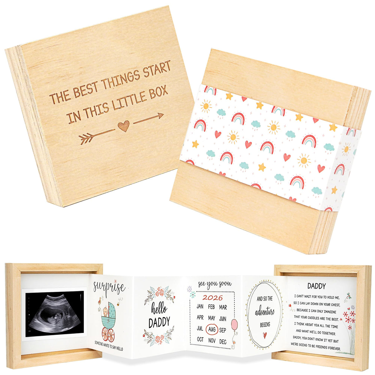 Blinking Stars pregnancy announcement box front view, a ready-to-share keepsake for news moments