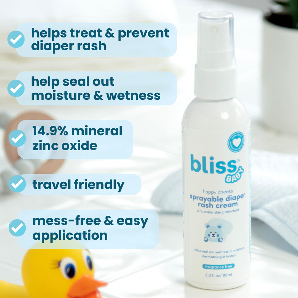 Bliss diaper rash spray bottle cap top twist shows easy one-handed on-the-go application
