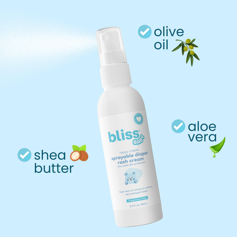 Bliss diaper rash spray ingredients close-up features organic aloe vera and shea butter