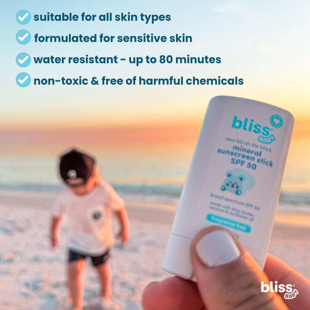 Bliss Baby Mineral Sunscreen Stick with SPF 50 provides gentle, non-nano mineral protection.