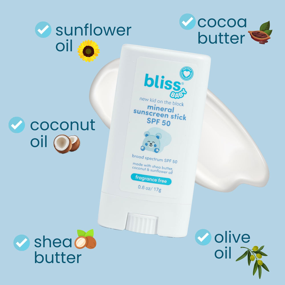 Bliss Baby Mineral Sunscreen Stick shows 80-minute water resistance for active families.