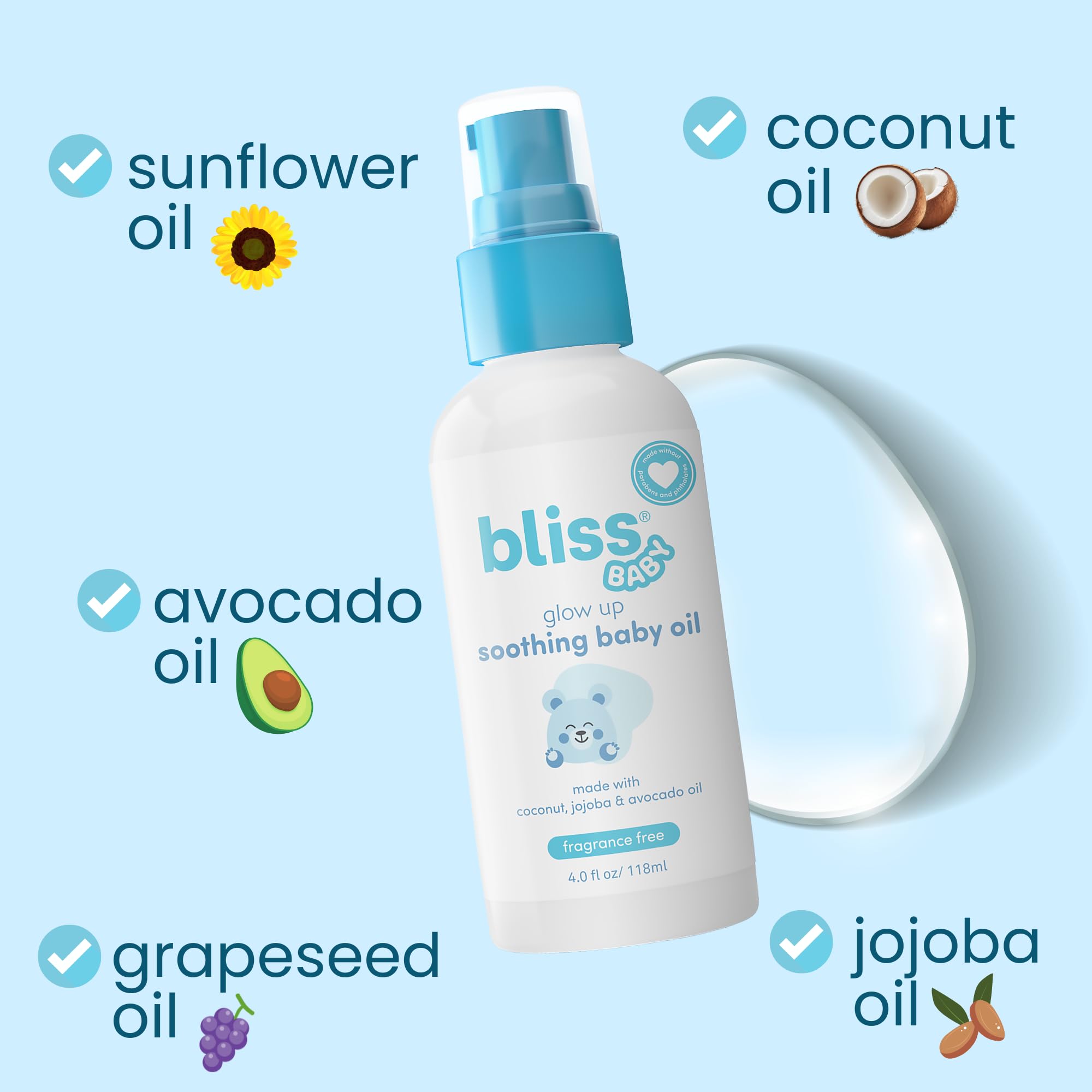 Bliss Baby Oil bottle with dermatologist-tested badge and vegan formula