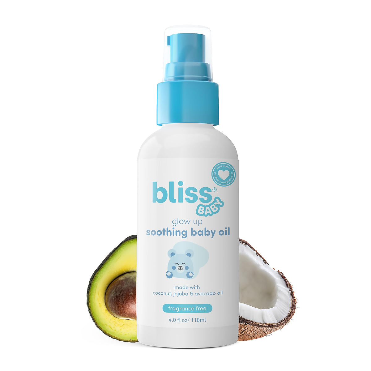 Bliss Baby Oil bottle highlighting organic avocado oil for gentle skin care