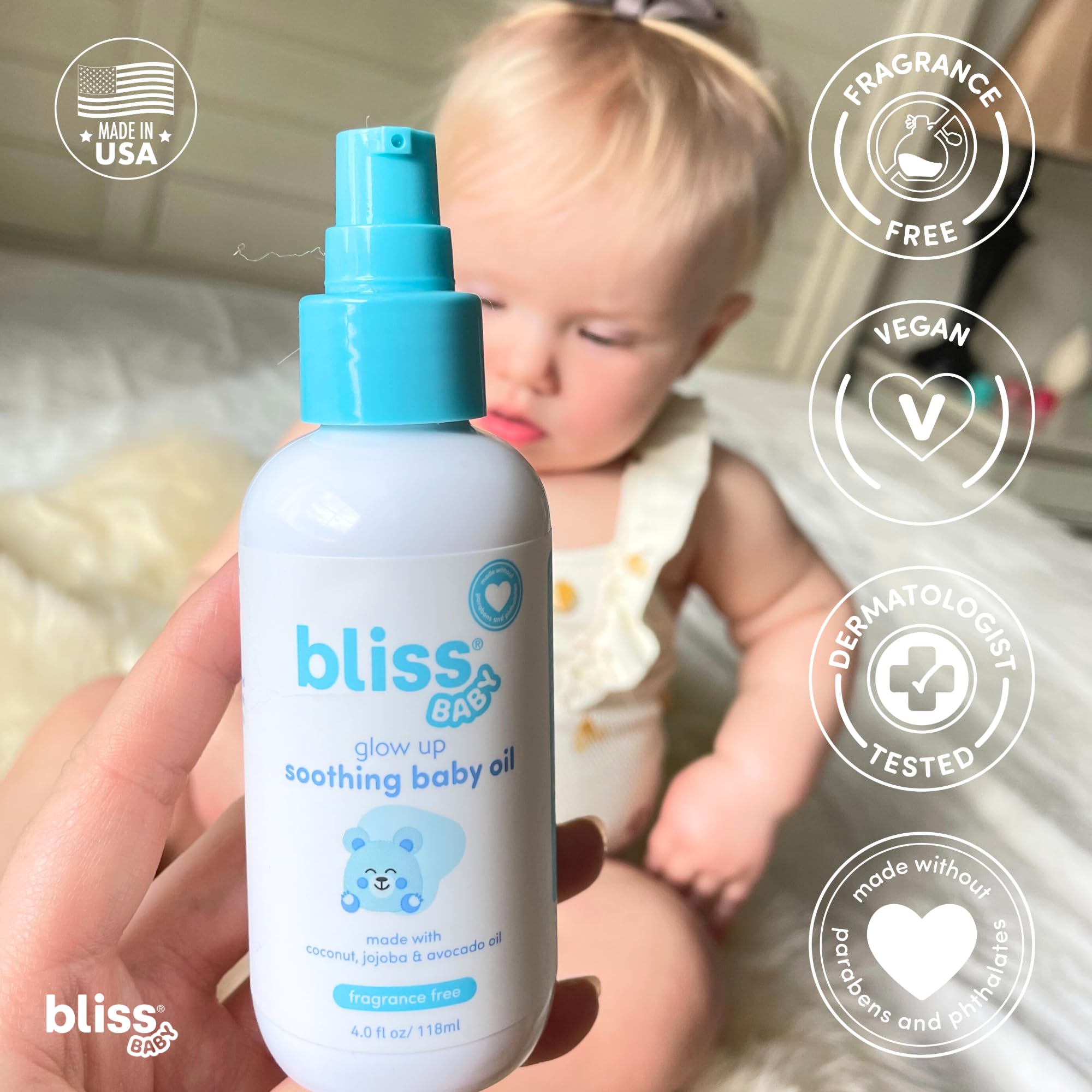 Bliss Baby Oil close-up showing silk-like, non-greasy texture