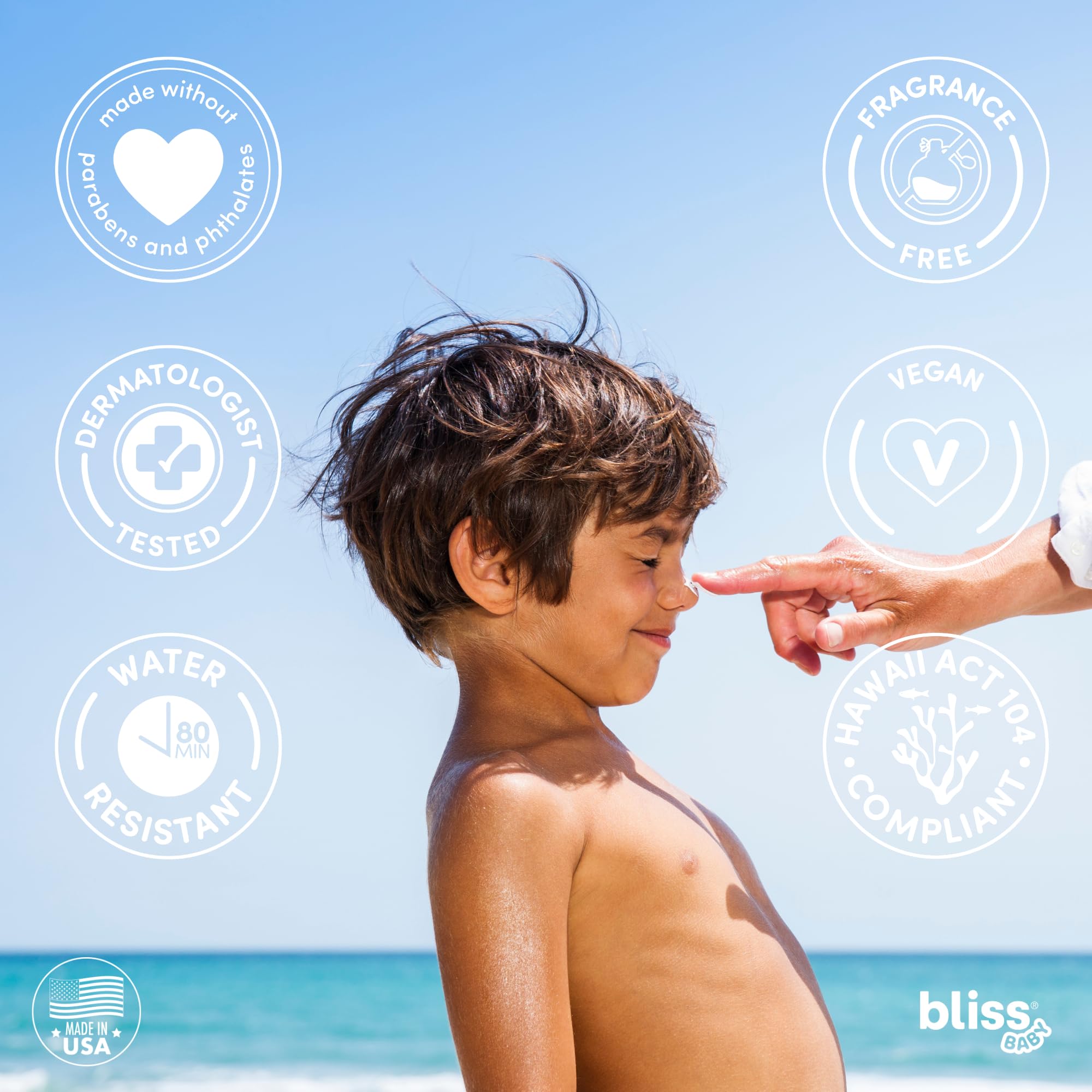 Bliss Baby Sunscreen ingredients closeup with shea, cacao butters and aloe.