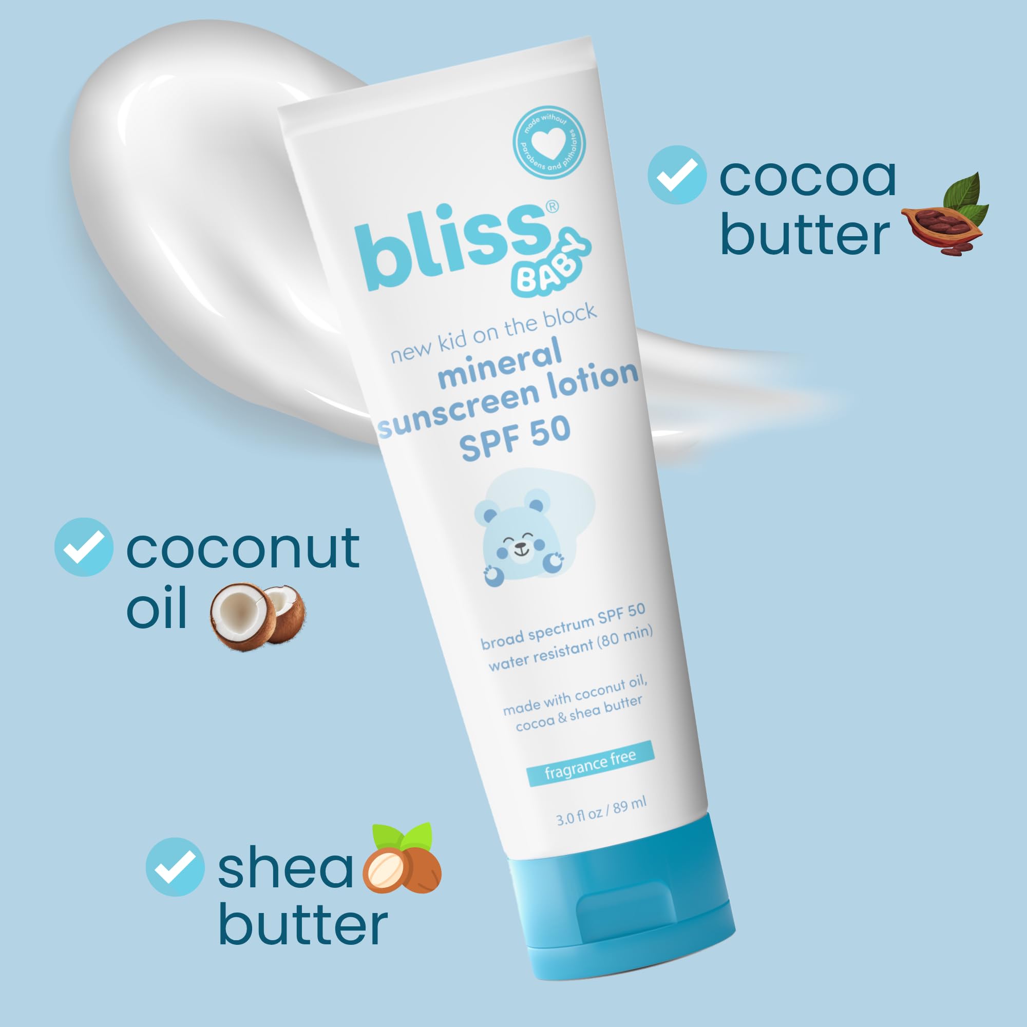 Close-up of Bliss sunscreen ingredients: shea butter, coconut oil, and aloe for hydration.