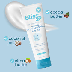 Close-up of Bliss sunscreen ingredients: shea butter, coconut oil, and aloe for hydration.