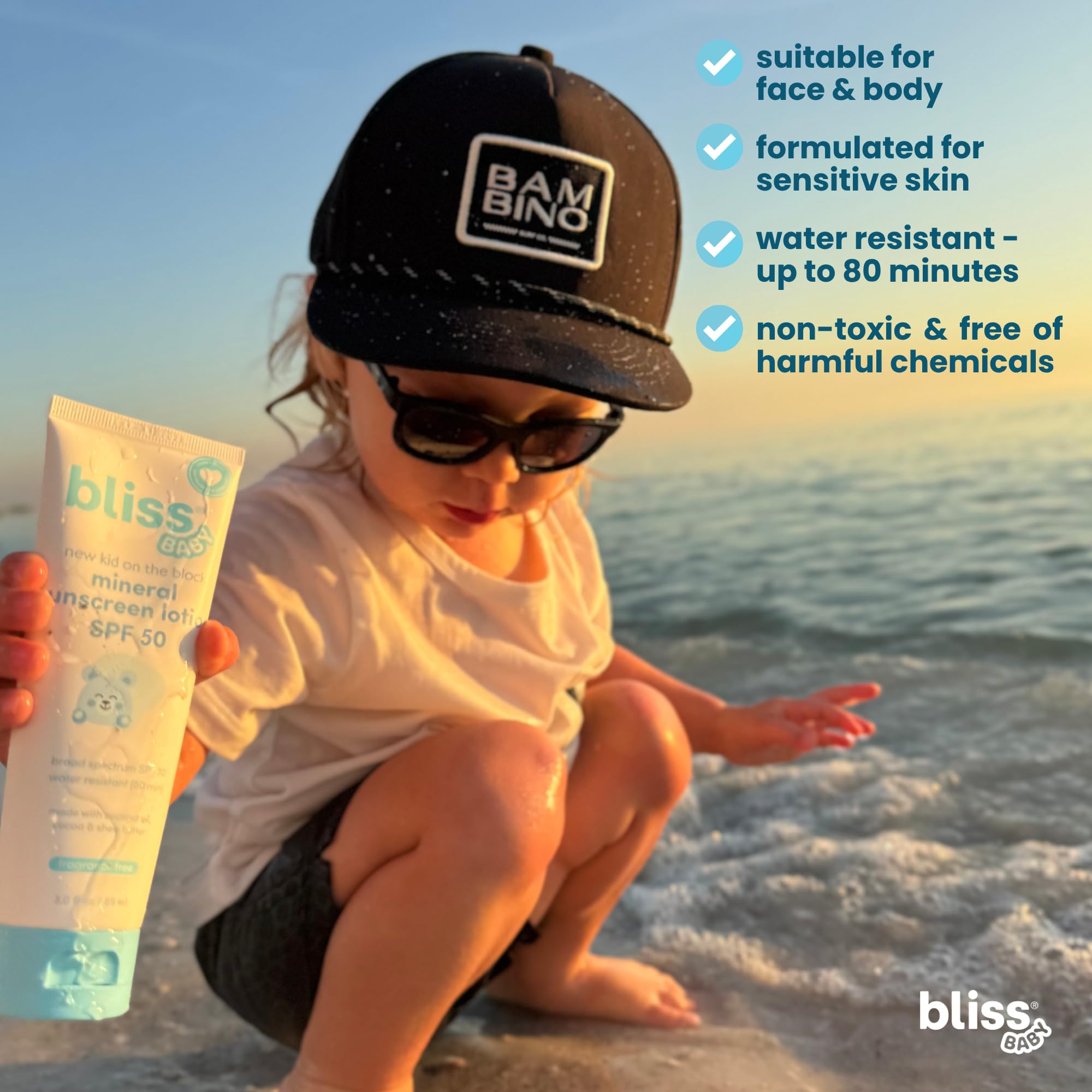 Travel-ready Bliss SPF 50 sunscreen packaging for on-the-go families.