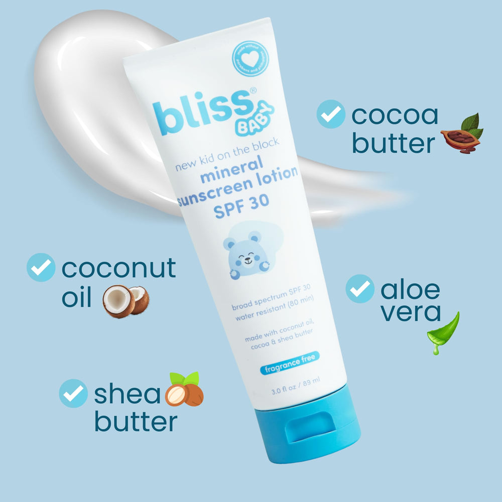 Bliss Baby Sunscreen swatch on hand showing non-greasy finish and coverage.