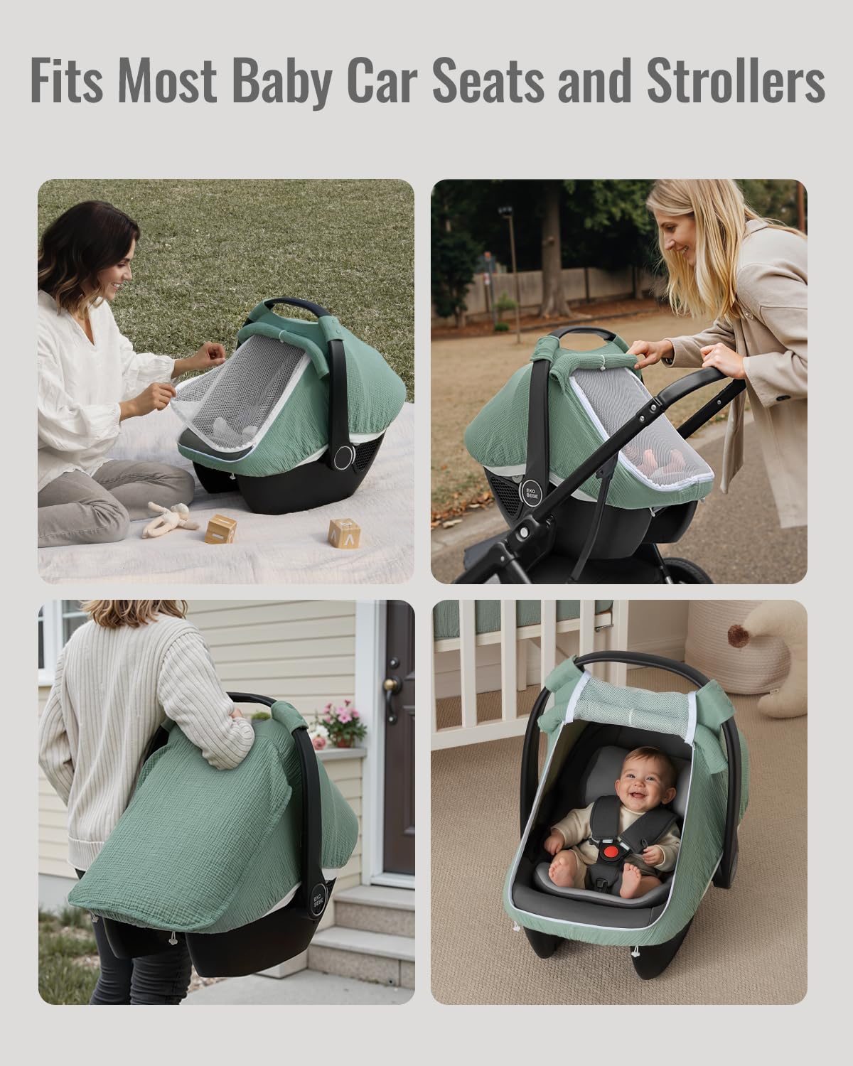 Elastic bottom with snaps fits most car seats and strollers.