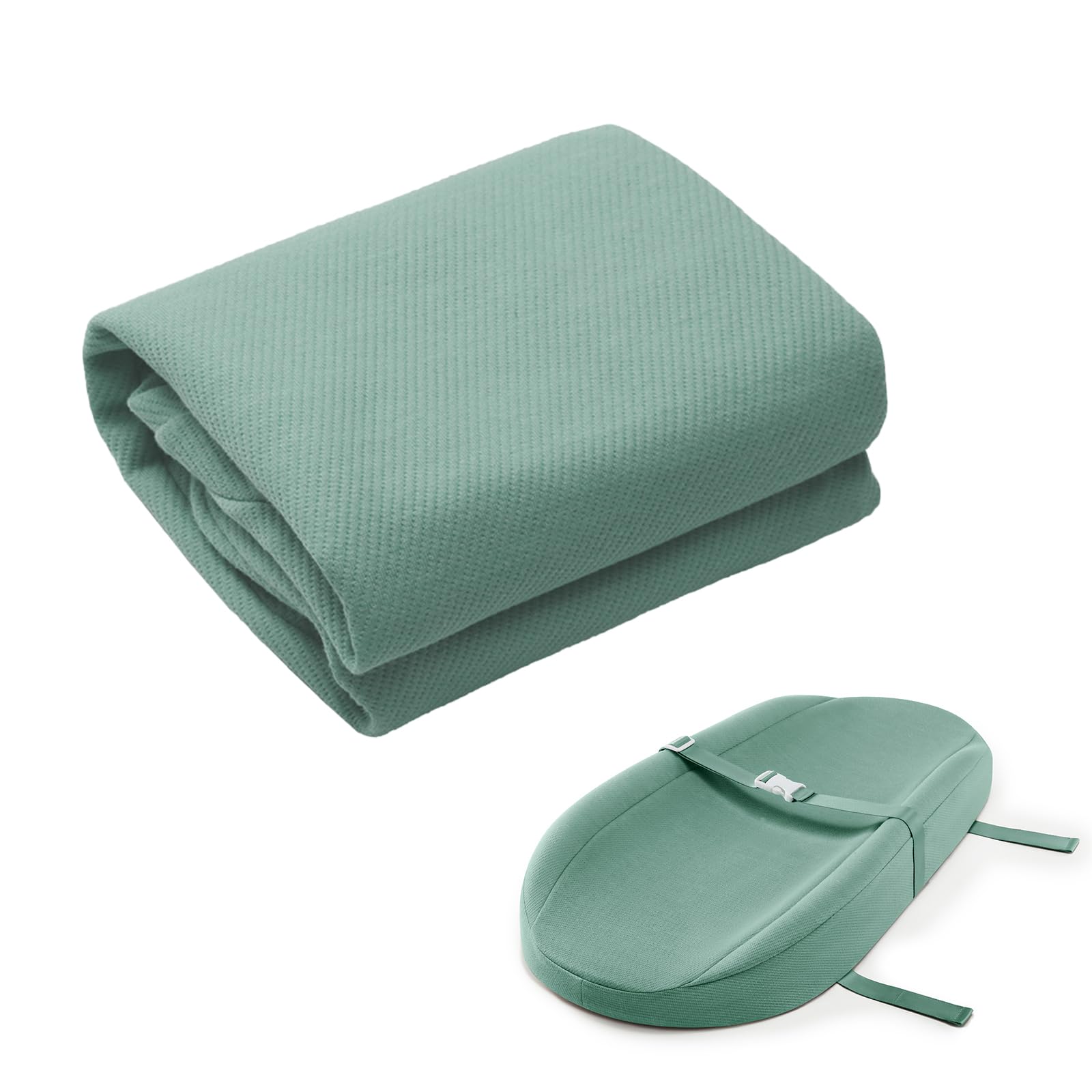 Blissful Diary avocado-contoured cover on sage-green pad, soft on baby's skin