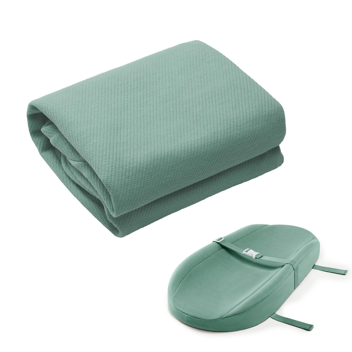 Blissful Diary avocado-contoured cover on sage-green pad, soft on baby's skin