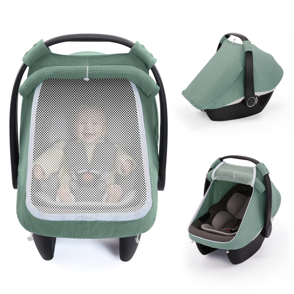 Blissful Diary baby car seat cover with extra-large mesh window for easy visibility and ventilation.
