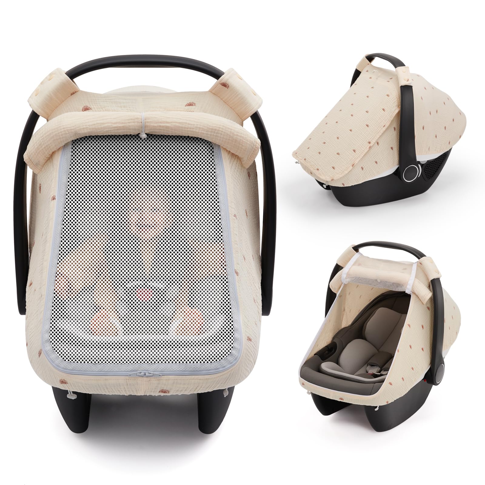 Blissful Diary baby car seat cover with mesh window for breathable visibility on the go.