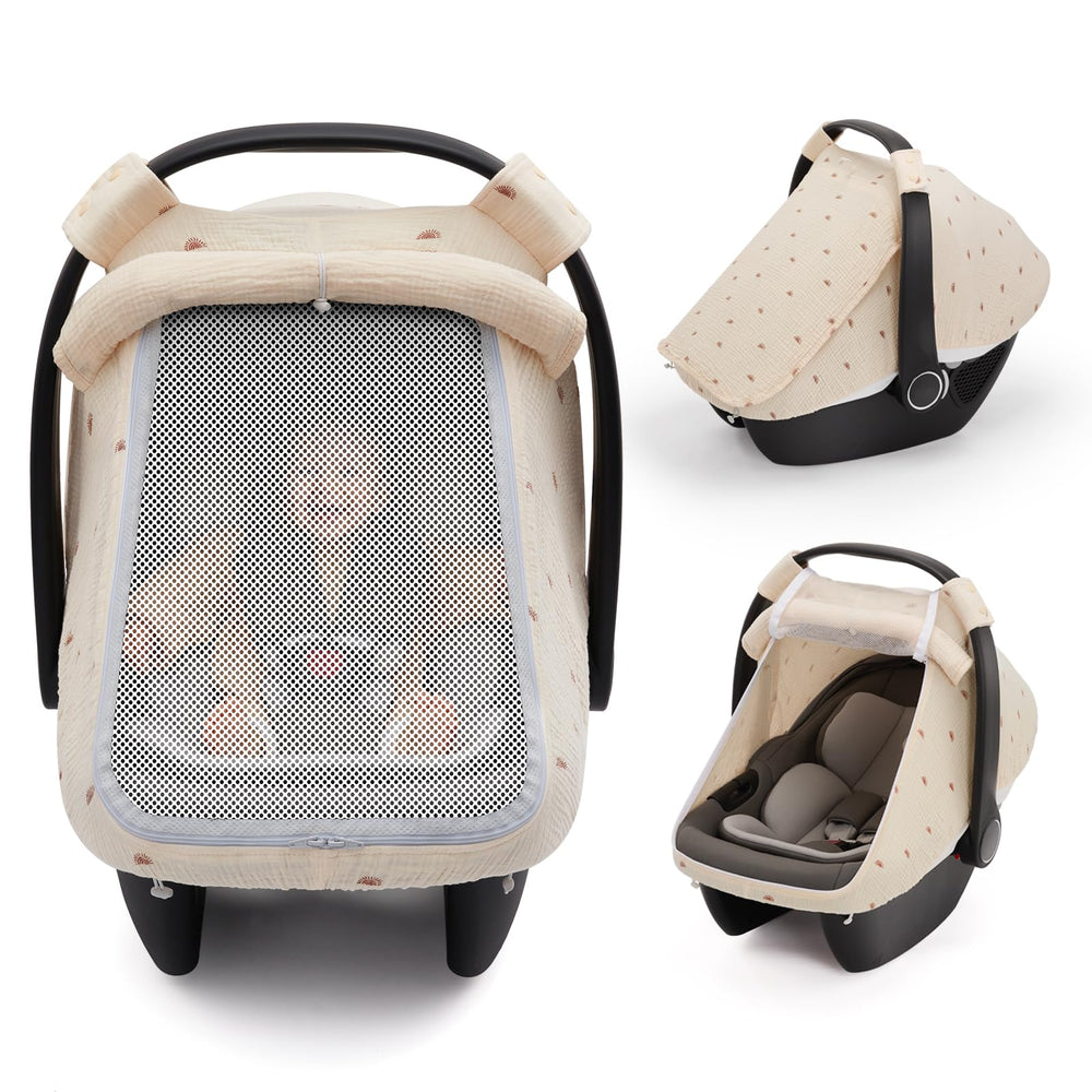 Blissful Diary baby car seat cover with mesh window for breathable visibility on the go.