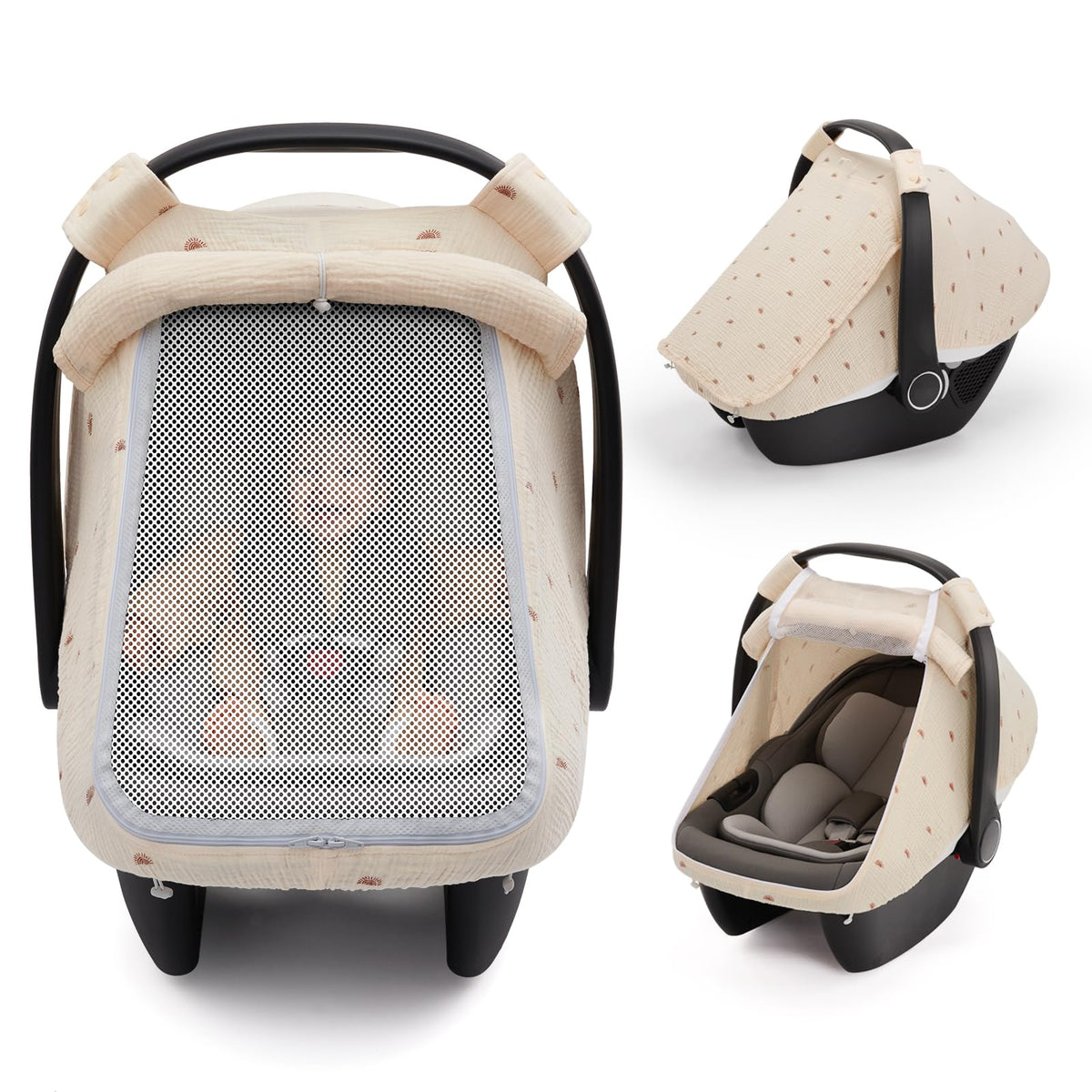 Blissful Diary baby car seat cover with mesh window for breathable visibility on the go.
