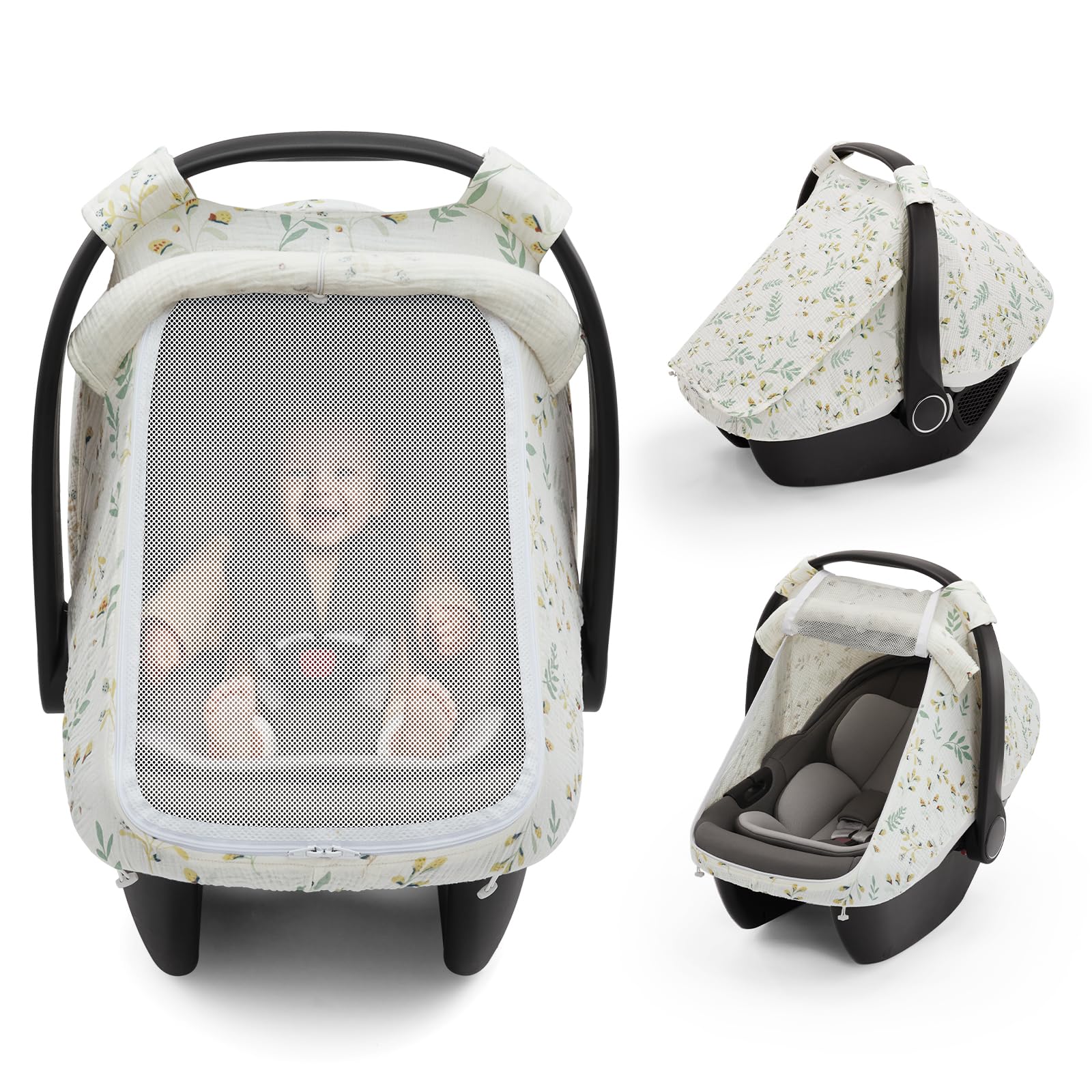 Blissful Diary baby car seat cover with mesh window for breathable airflow.