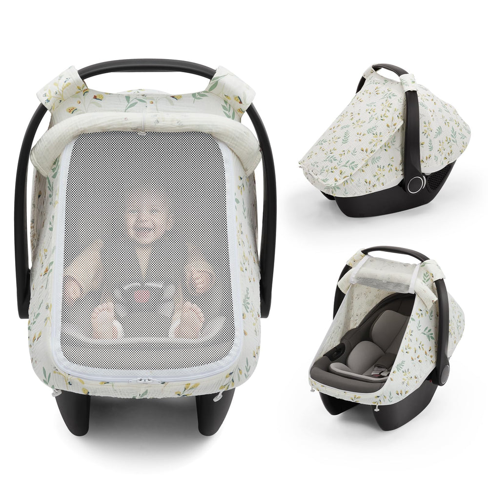 Blissful Diary baby car seat cover with mesh window for breathable airflow.