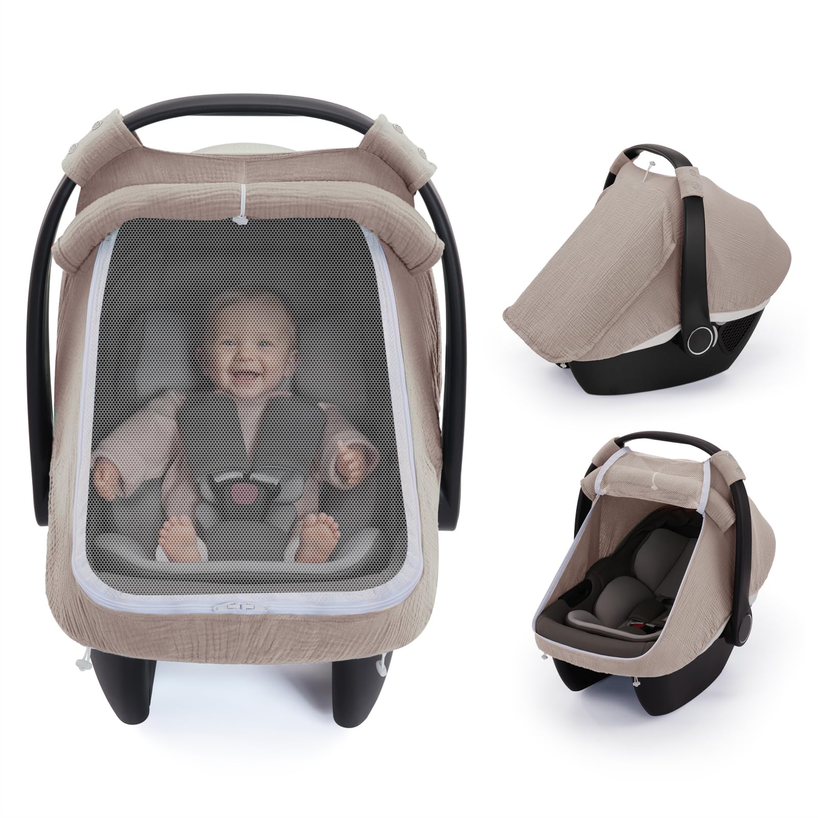 Blissful Diary car seat cover with mesh window for breathable airflow.