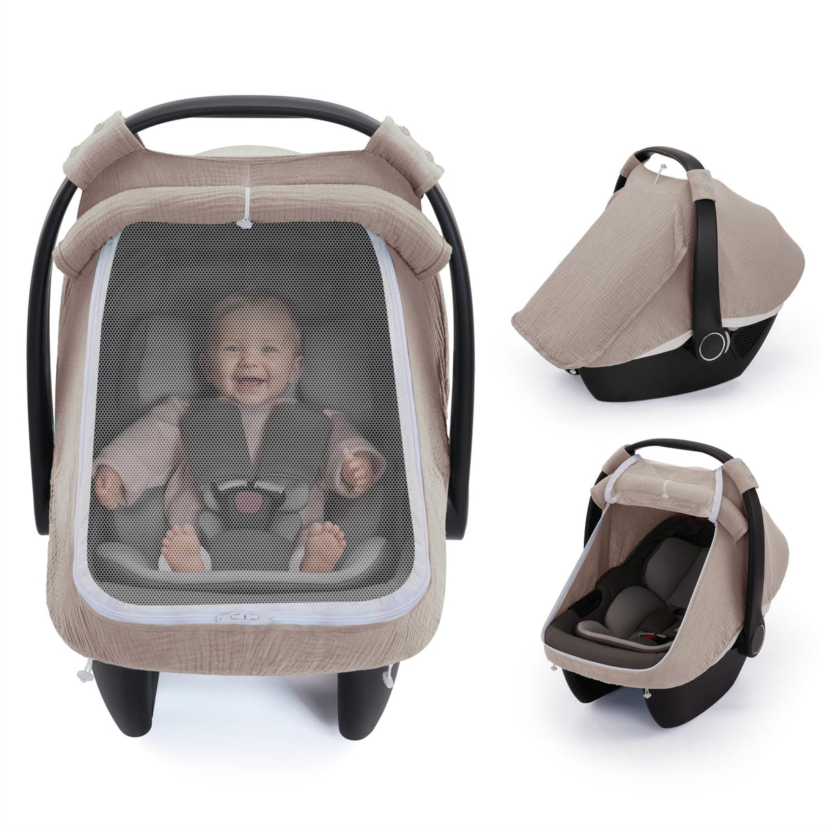 Blissful Diary car seat cover with mesh window for breathable airflow.