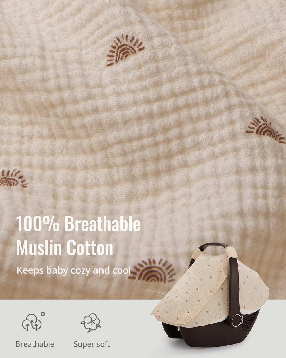 Blissful Diary car seat cover with muslin sunshade provides gentle, cooling shade.