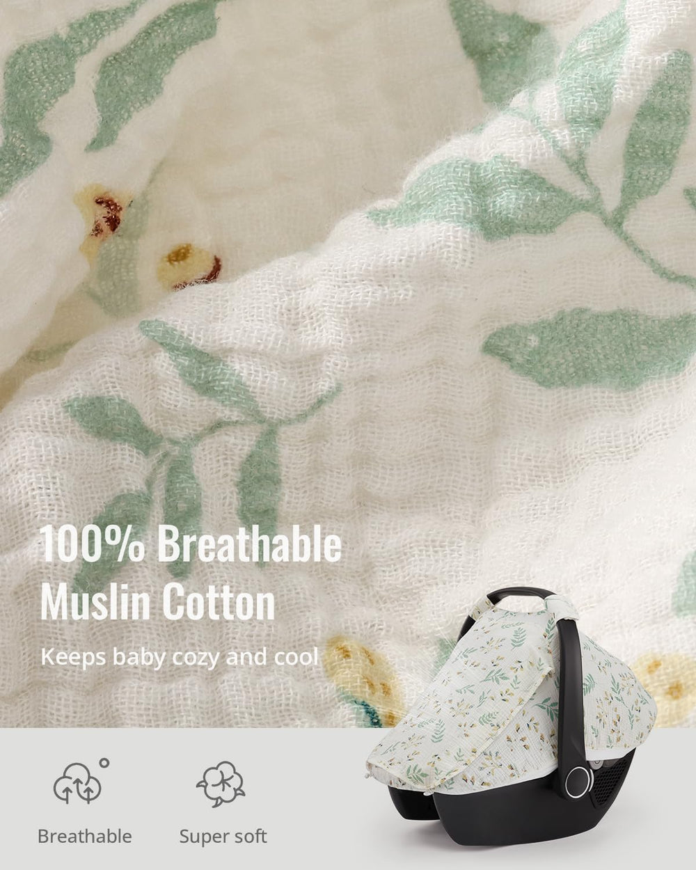 Blissful Diary car seat cover showing muslin sunshade for soft, shaded comfort.