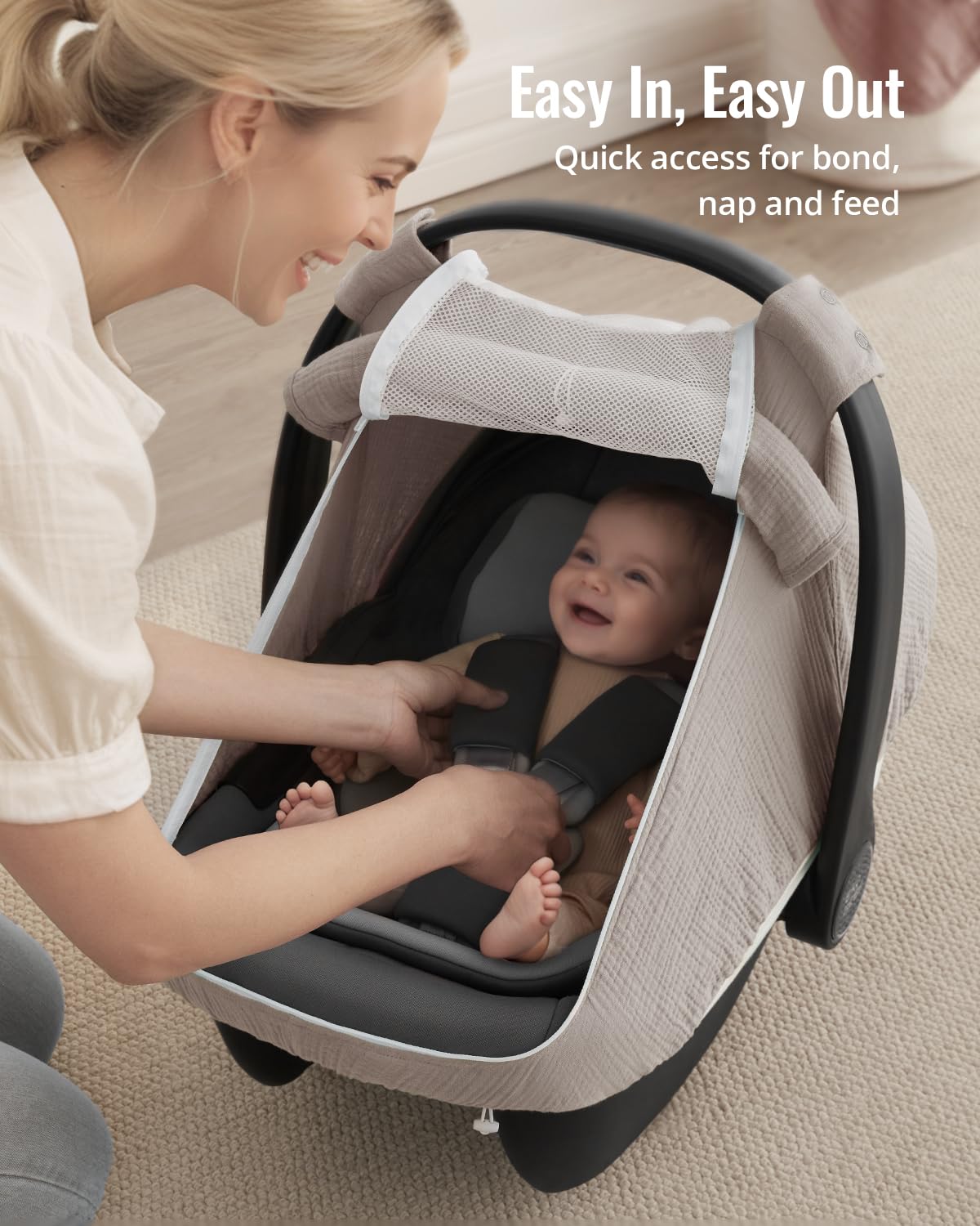 Large mesh window enables easy visibility and interaction during trips.