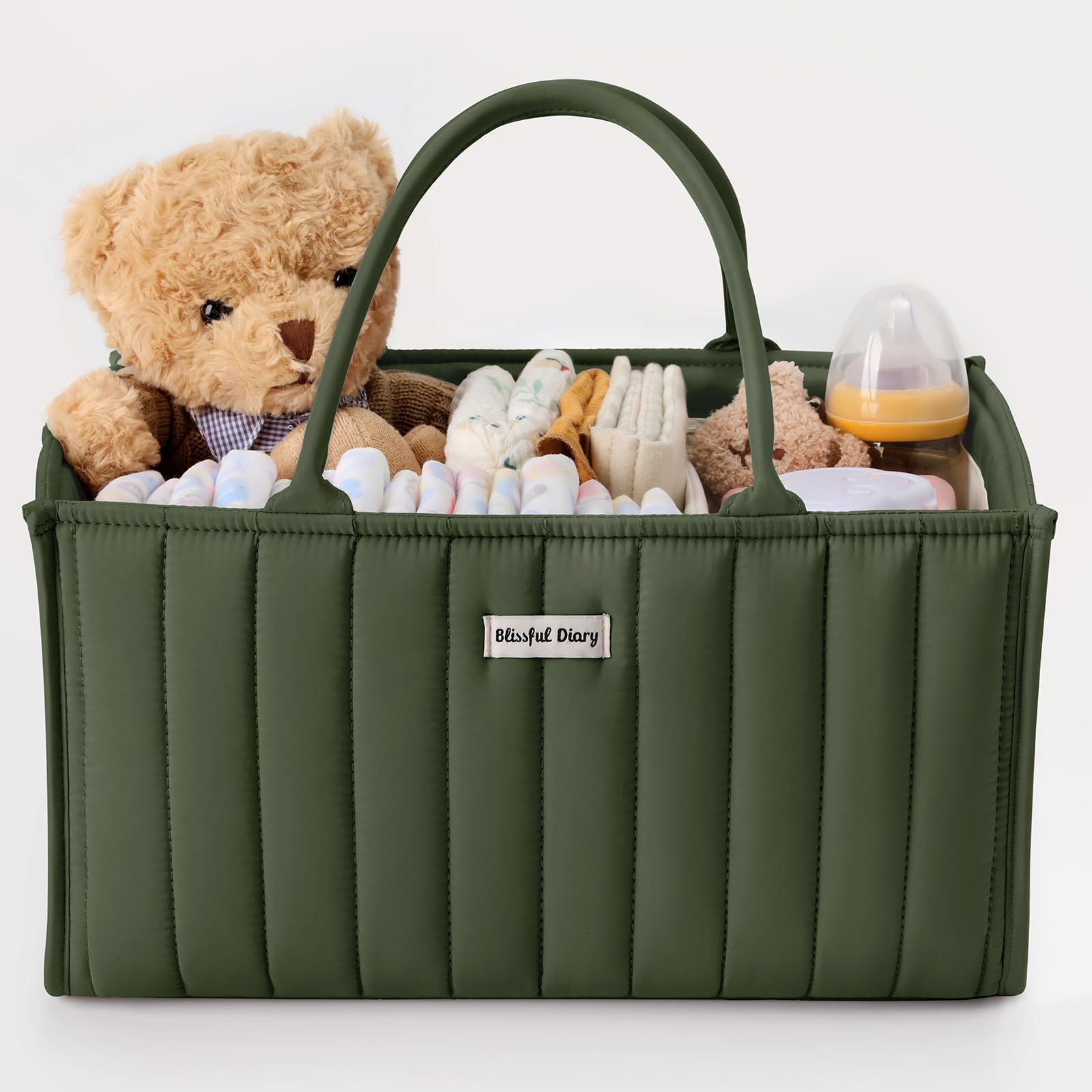 Blissful Diary diaper caddy in deep green keeps nursery essentials organized and within reach.
