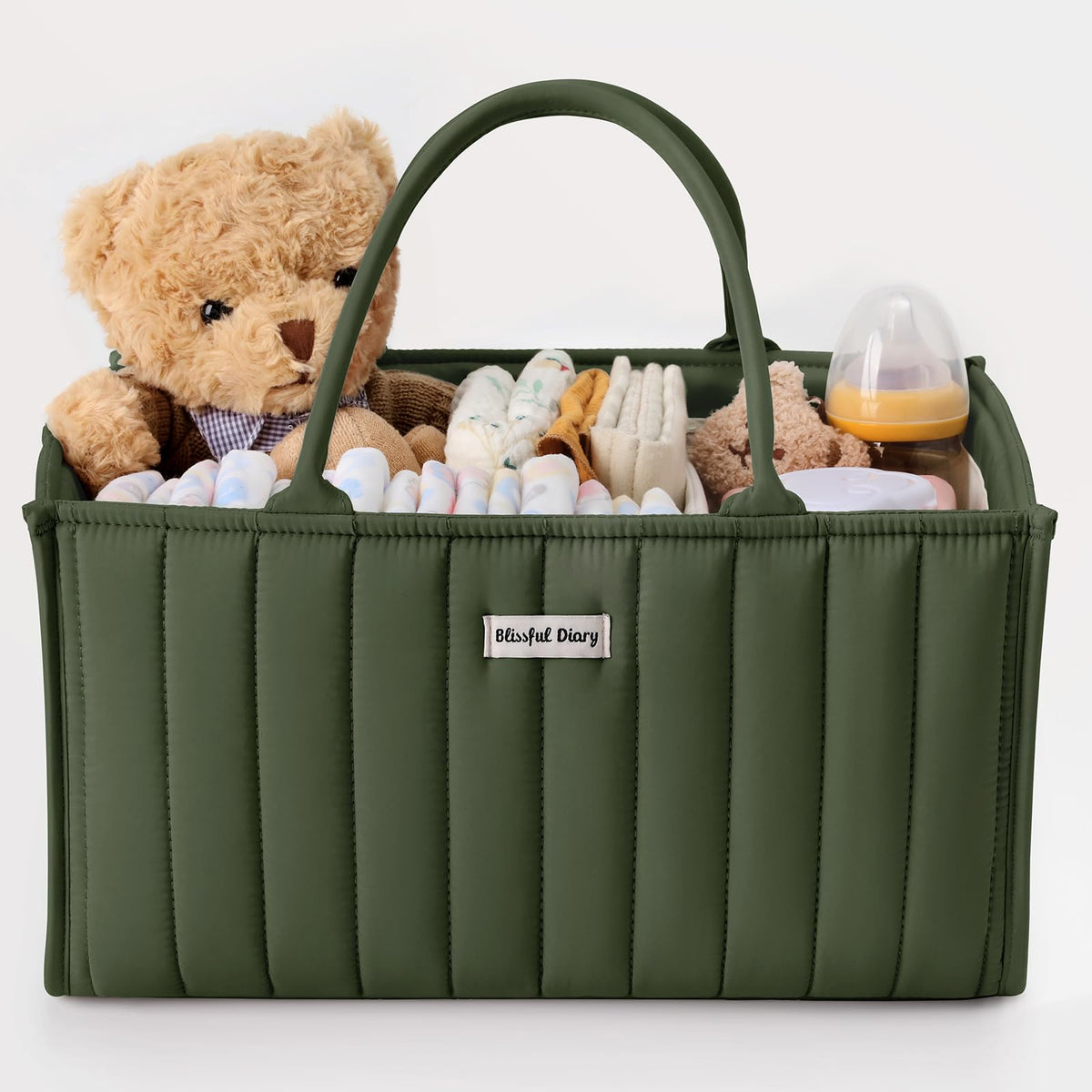 Blissful Diary diaper caddy in deep green keeps nursery essentials organized and within reach.