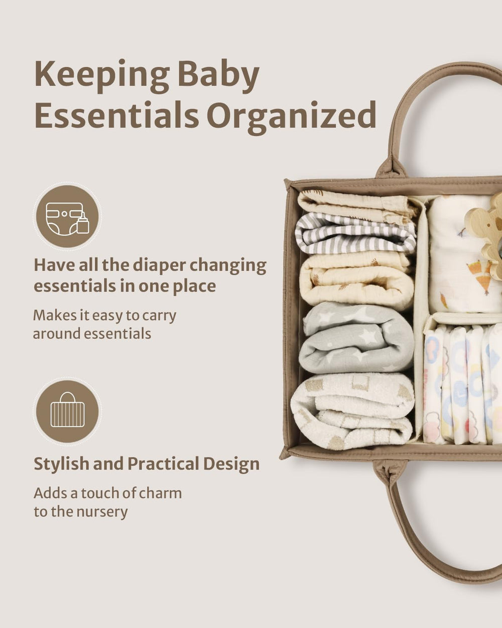 Blissful Diary diaper caddy with handles and removable dividers for easy transport.