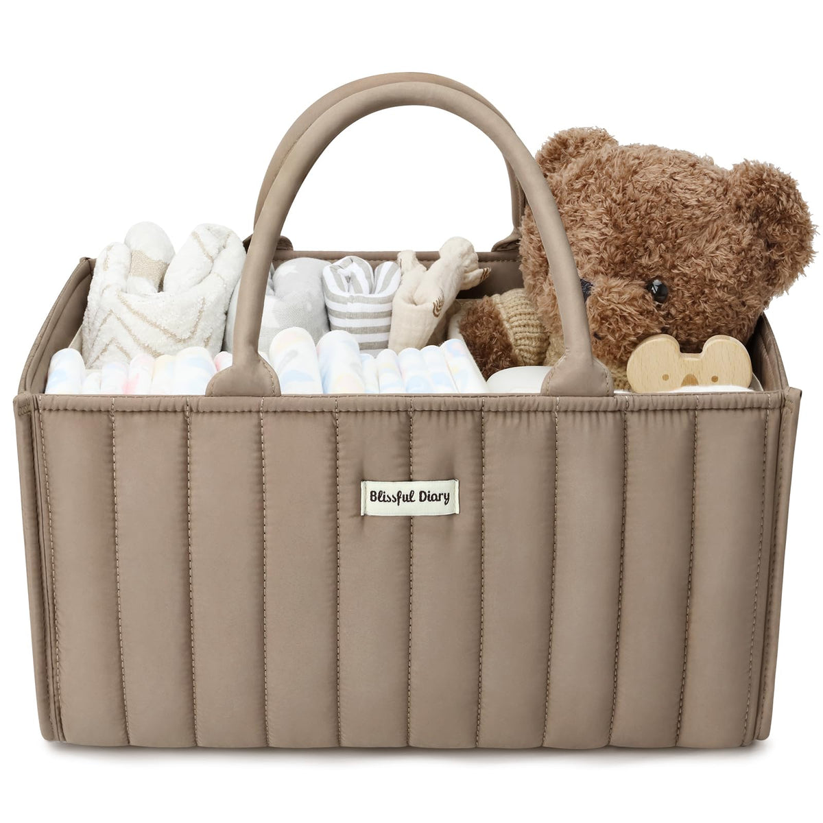 Blissful Diary diaper caddy in mocha brown keeps nursery essentials organized.