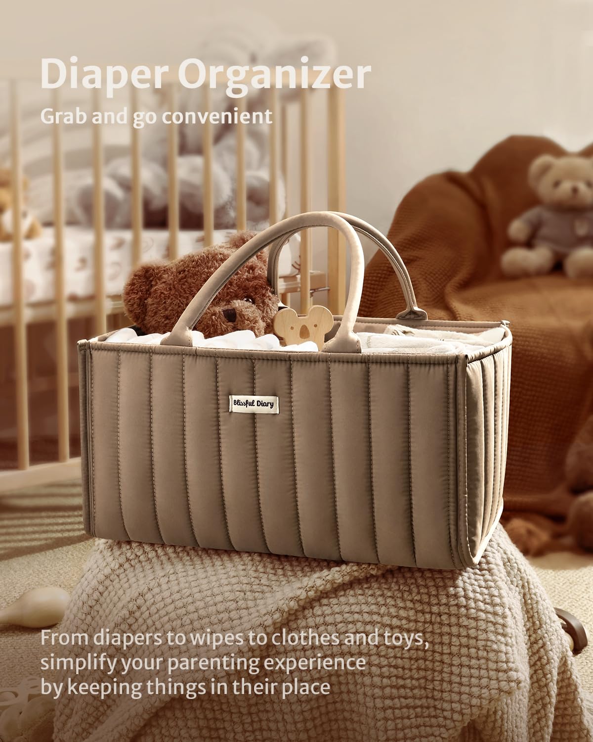 Blissful Diary diaper caddy features multiple compartments for items at hand.