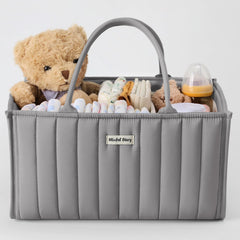 Blissful Diary diaper caddy organizer in light gray keeps nursery essentials within easy reach.