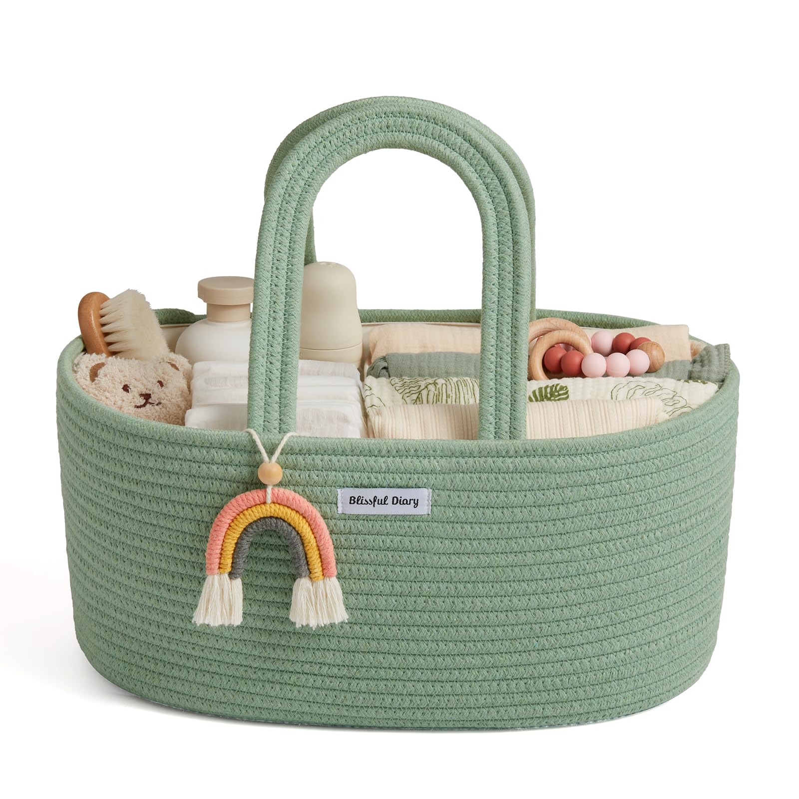 Blissful Diary diaper caddy in oval shape, green tone, for organized nursery essentials