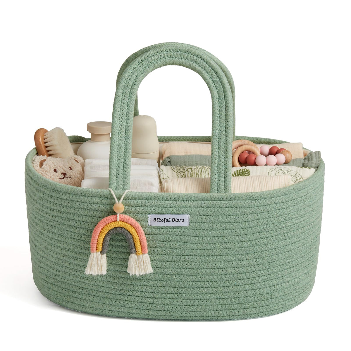 Blissful Diary diaper caddy in oval shape, green tone, for organized nursery essentials