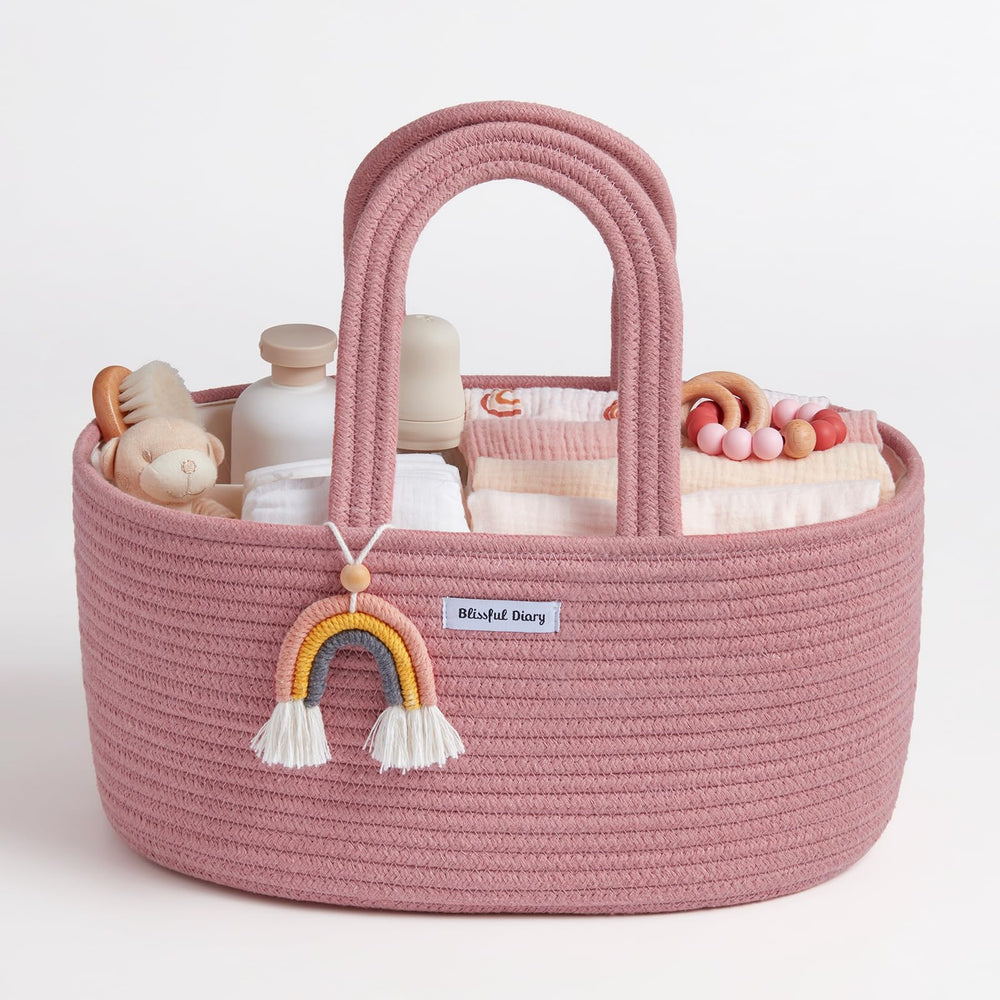 Blissful Diary baby diaper caddy pink oval for easy nursery organization.