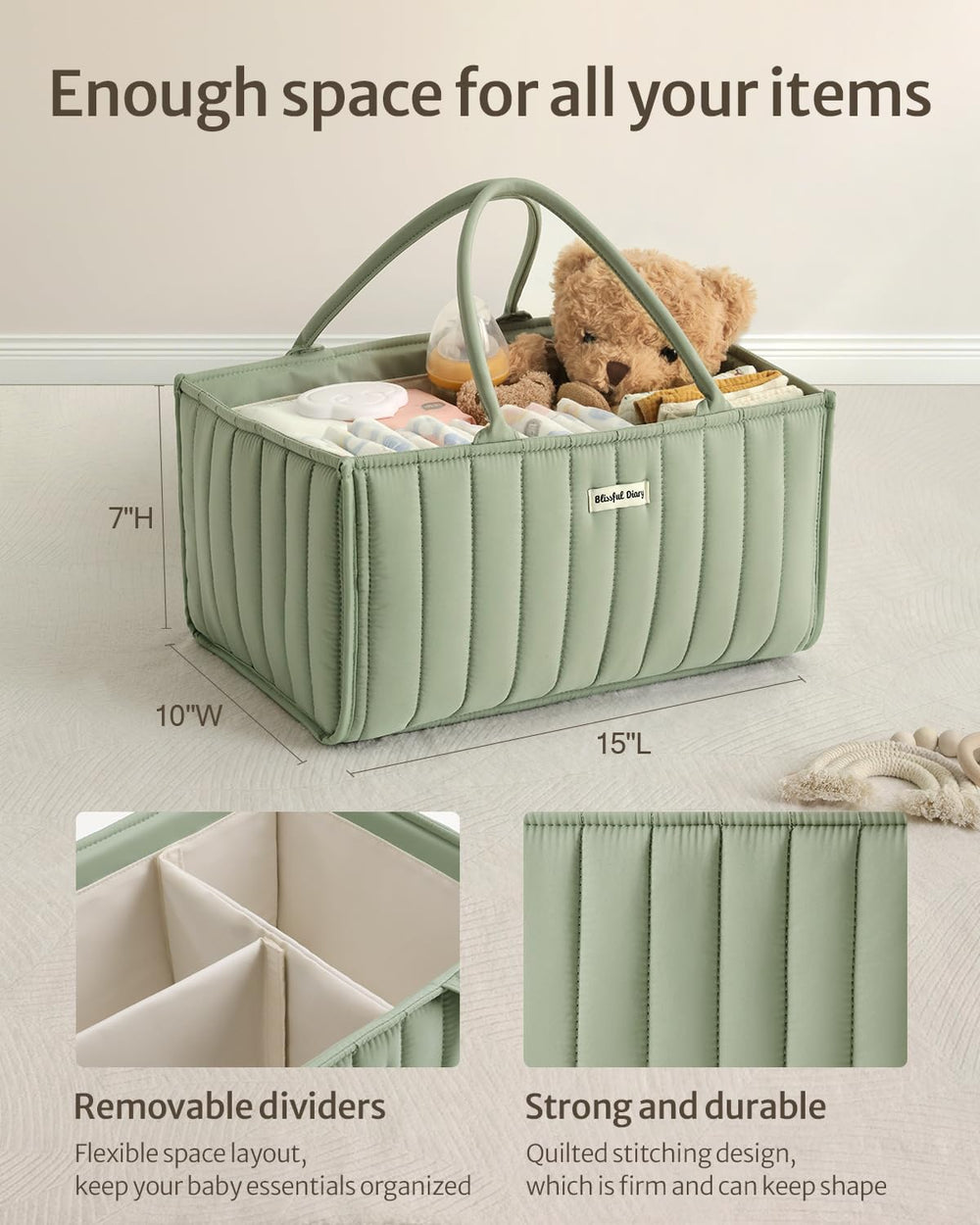 Blissful Diary diaper caddy removable dividers adapt to bottles and wipes