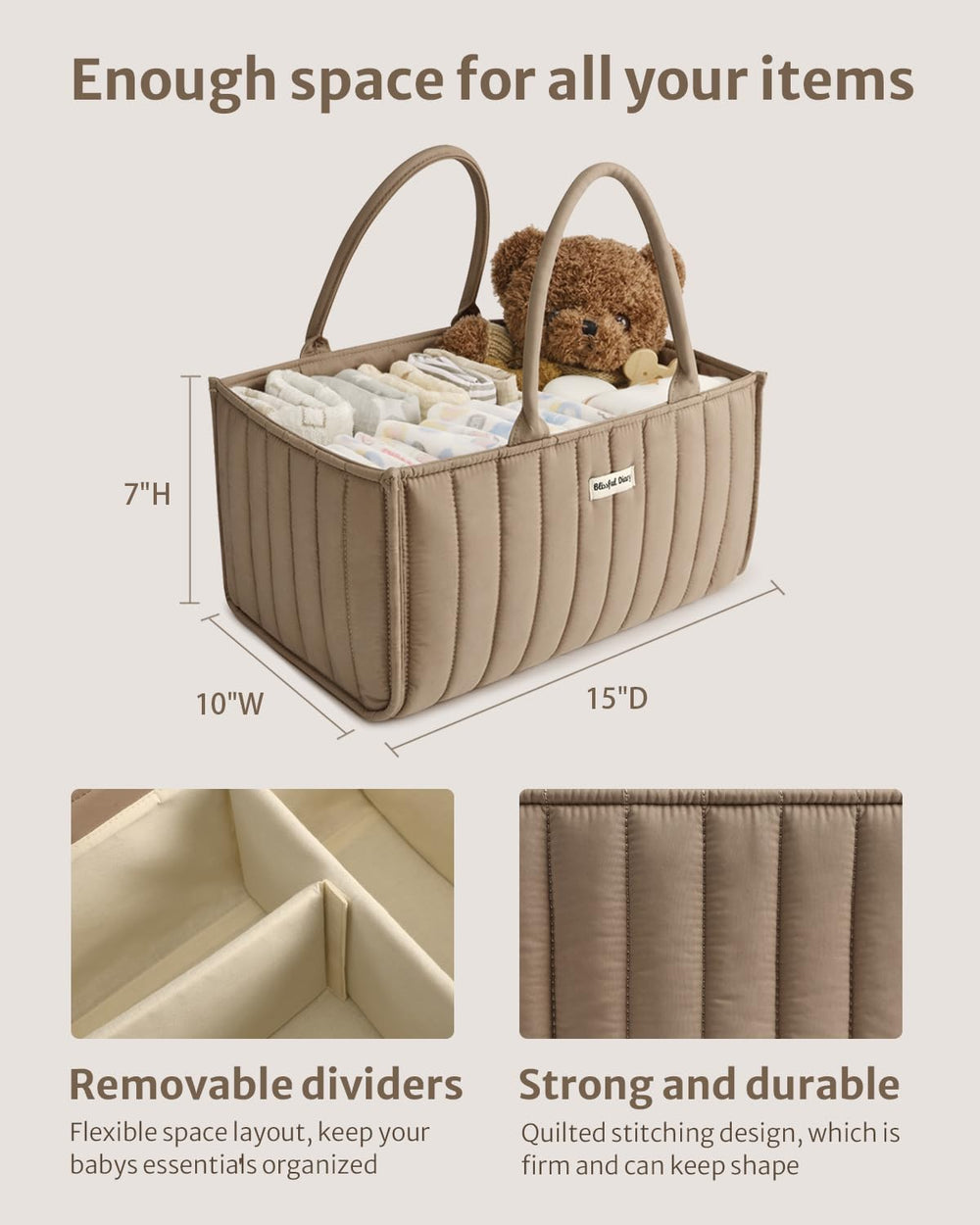 Blissful Diary diaper caddy portable from room to room with dividers adjusted.