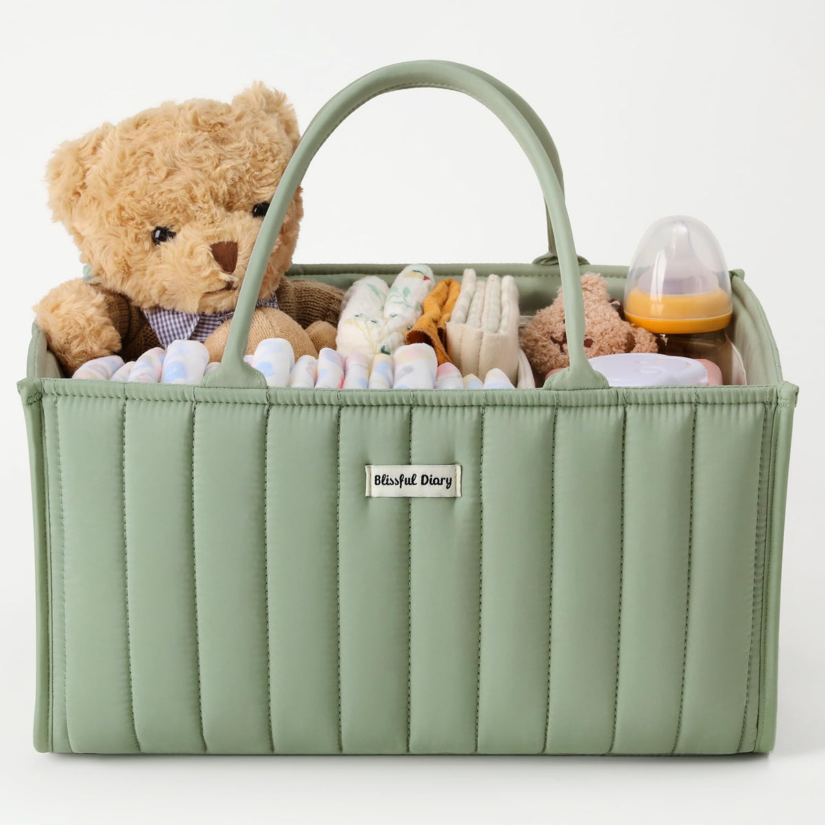 Blissful Diary diaper caddy in sage green on changing table for easy organization